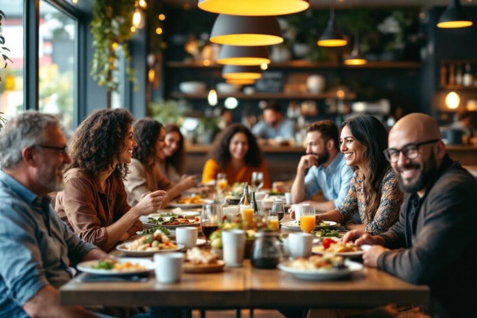 A group of diverse adults gathered around a long wooden table in a trendy, well-lit restaurant. They are smiling, chatting, and enjoying a hearty meal together under warm hanging lights, creating a cheerful and inviting dining atmosphere.