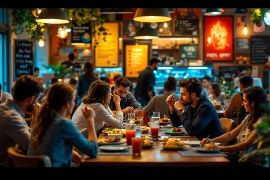 A lively restaurant scene with friends enjoying dinner and conversation around a shared table.