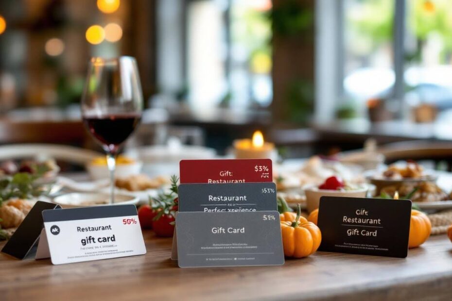 A variety of restaurant gift cards are arranged on a wooden table set for a festive meal.