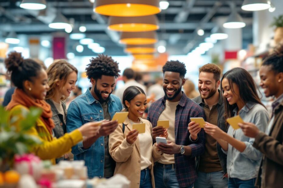 A cheerful group of friends gather in a store, happily holding gift cards and smiling.