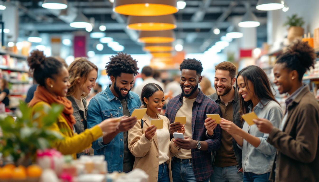 A cheerful group of friends gather in a store, happily holding gift cards and smiling.