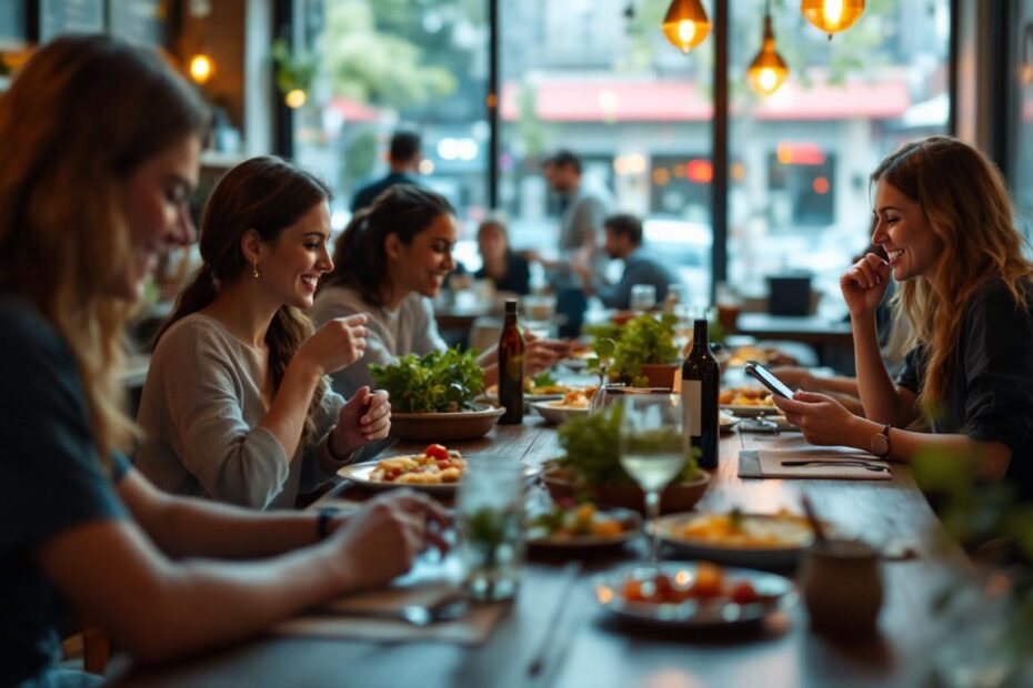 A group of women enjoy a cozy meal together at a warmly lit restaurant.