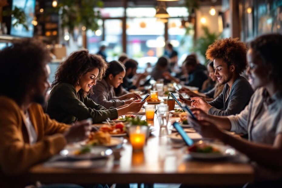 A lively group gathers around a long restaurant table, enjoying food and fun on their phones.