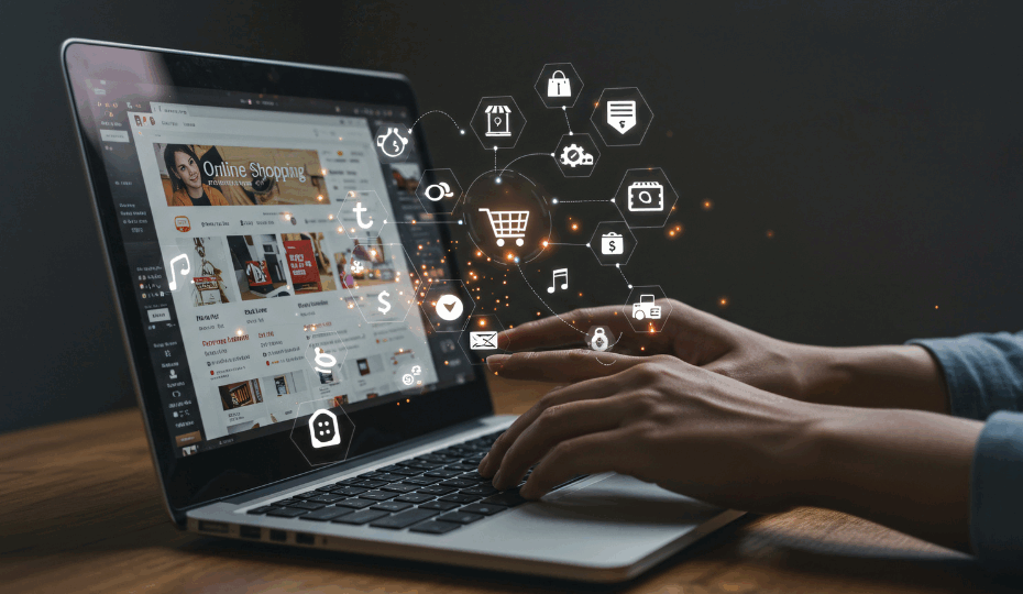 A person shops online using a laptop, with digital shopping icons floating above the screen.