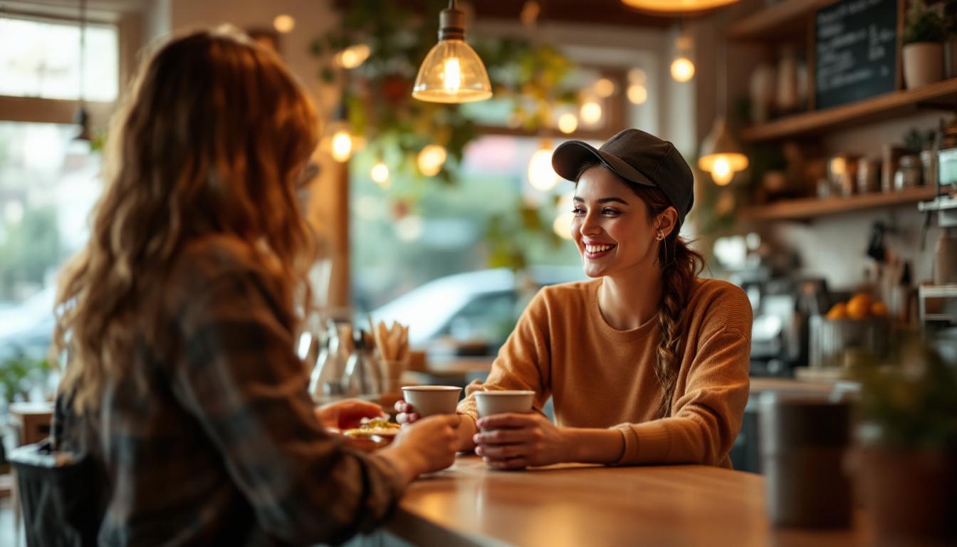 Two women enjoy a friendly coffee chat at a cozy café counter.