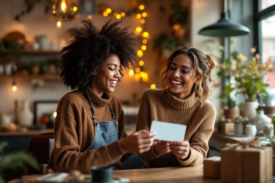 Two women share a joyful moment while holding a gift card in a festive, cozy café.
