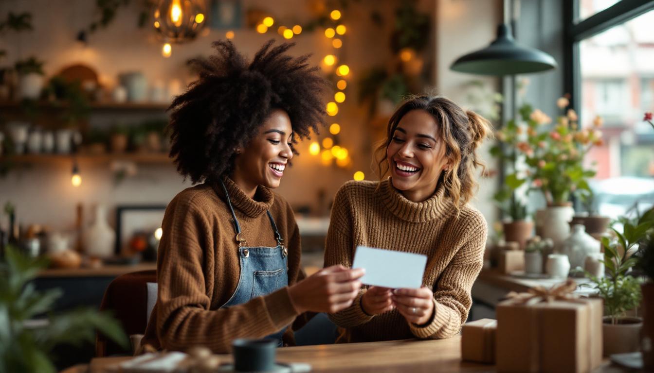 Two women share a joyful moment while holding a gift card in a festive, cozy café.
