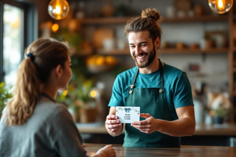 A smiling barista hands a customer a white gift card decorated with floral elements.