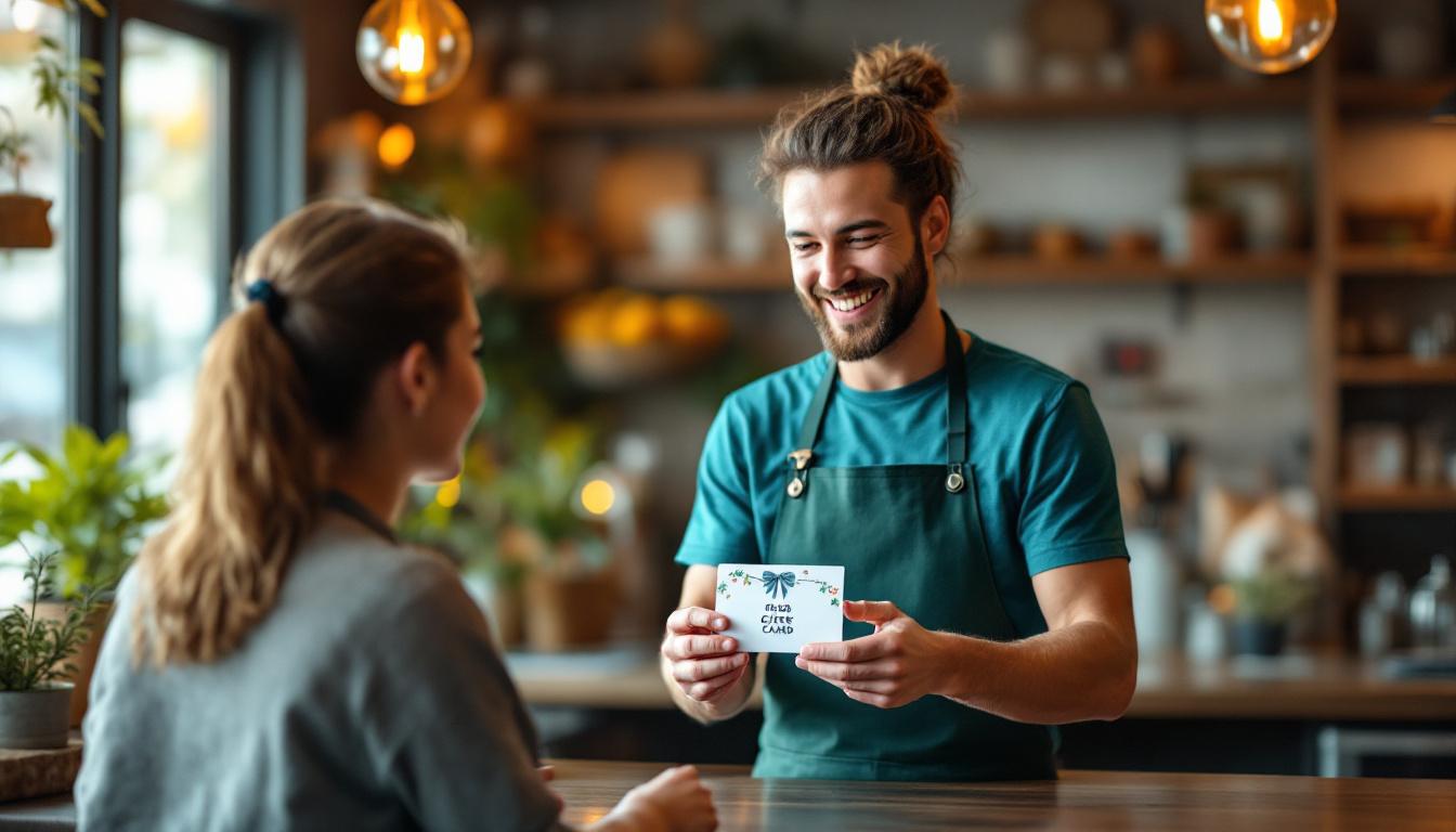 A smiling barista hands a customer a white gift card decorated with floral elements.