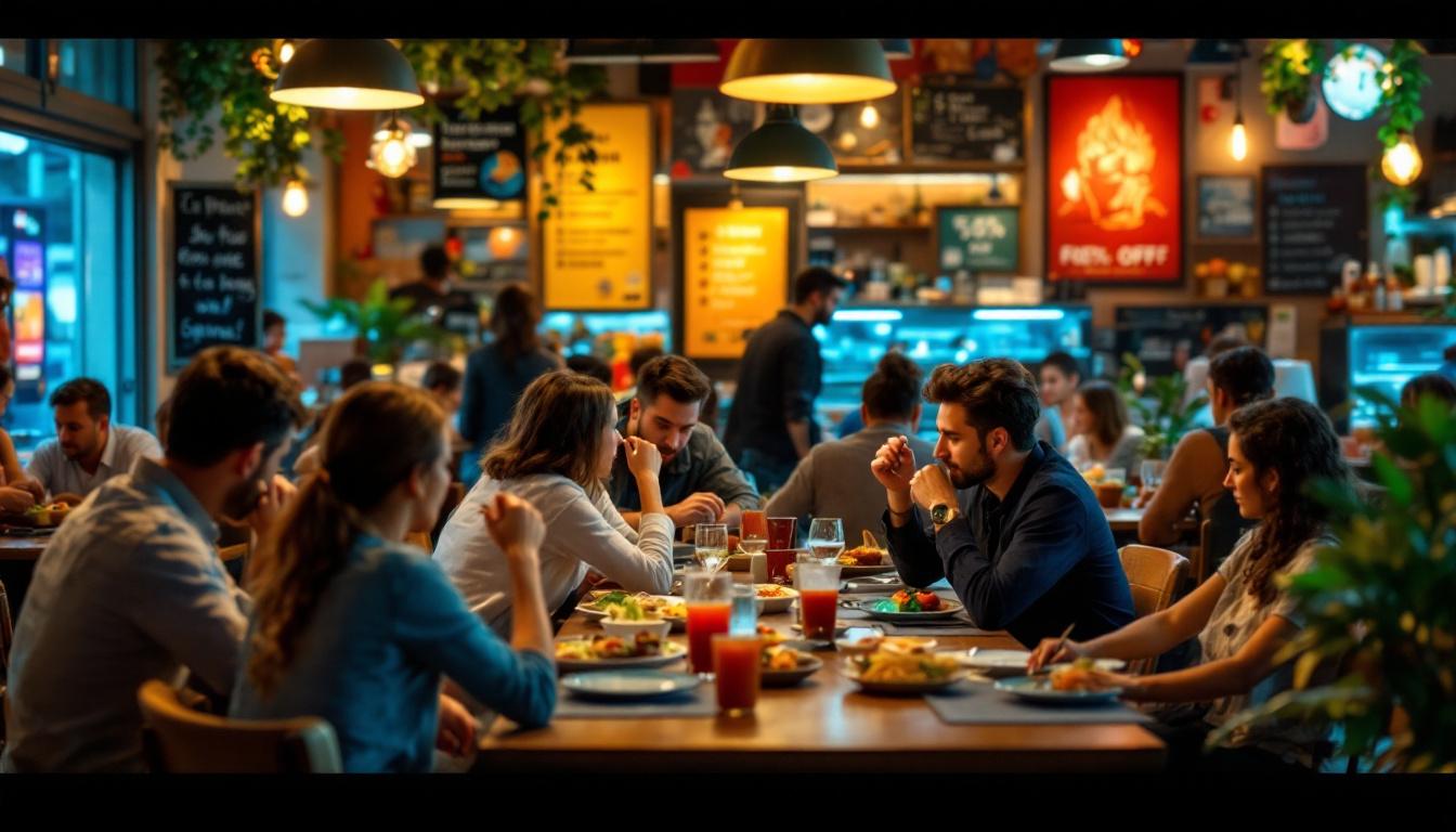 A lively restaurant scene with friends enjoying dinner and conversation around a shared table.