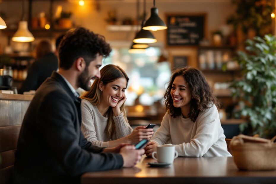 Three friends sit together at a cozy café table, smiling and sharing something on their phones.