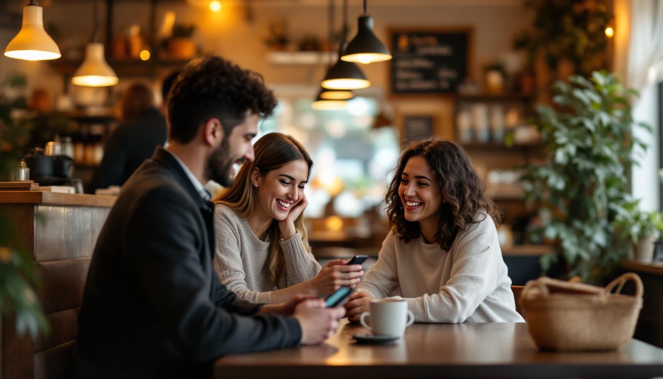 Three friends sit together at a cozy café table, smiling and sharing something on their phones.