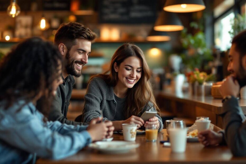 Four friends enjoy coffee and laughs while looking at a phone in a cozy café.