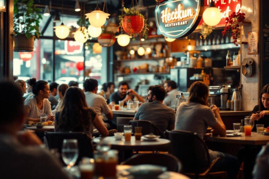 A cozy, dimly lit restaurant bustling with people enjoying meals at wooden tables. Warm lighting, hanging lanterns, and indoor plants create a relaxed and welcoming atmosphere.