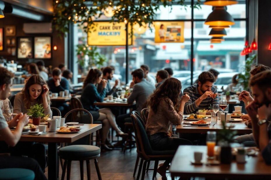 A bustling modern restaurant filled with people enjoying meals at wooden tables, with hanging pendant lights, greenery, and large windows letting in daylight. Diners are engaged in conversation and eating, creating a cozy and vibrant atmosphere.