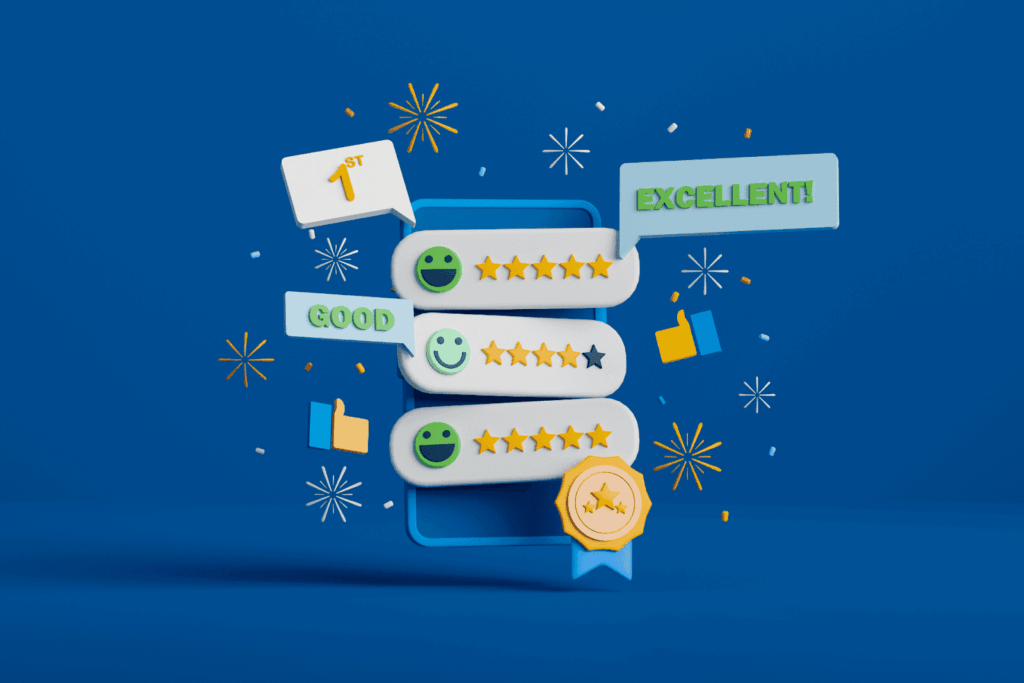 3D illustration of positive online reviews with star ratings, smiley faces, and text bubbles