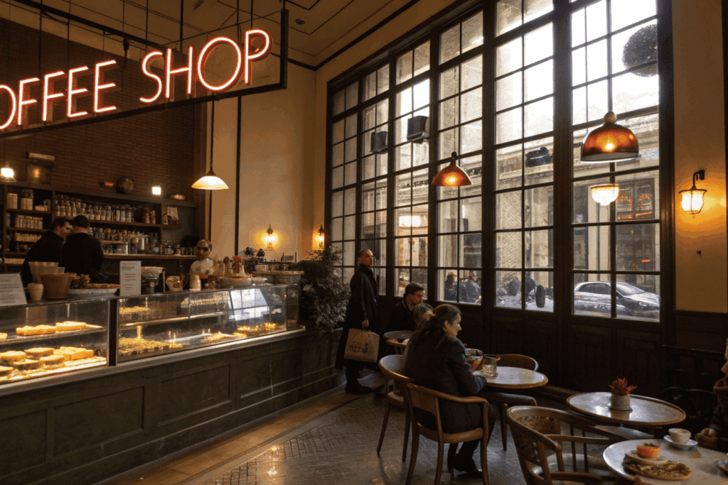 A cozy coffee shop with large windows, a pastry counter, and people sitting at small tables.