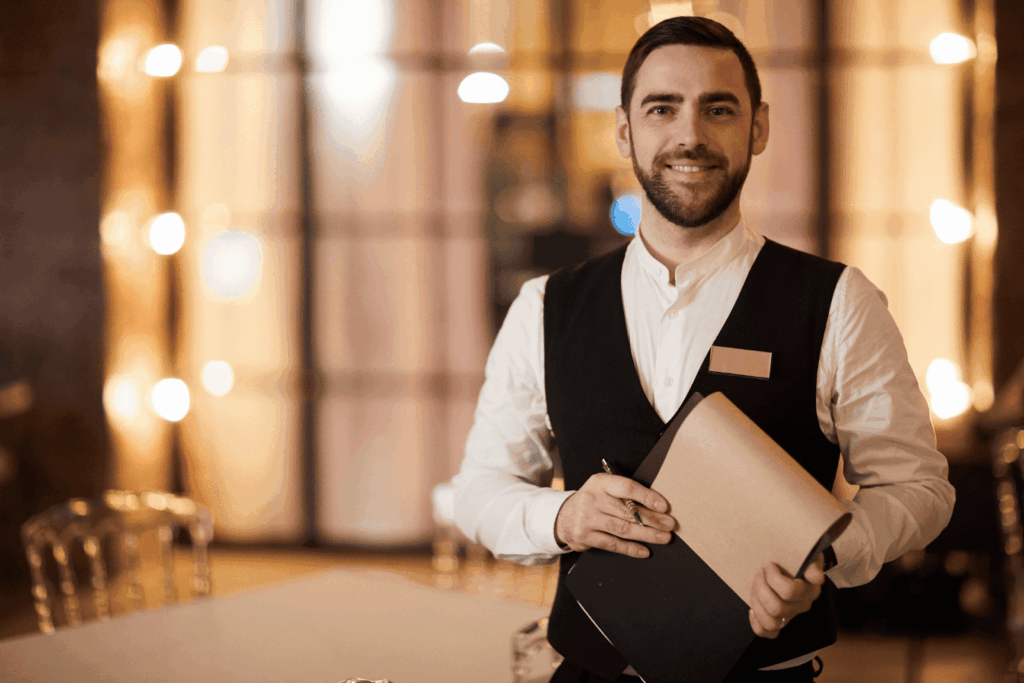 A smiling waiter in a vest holding a menu folder inside a warmly lit restaurant.