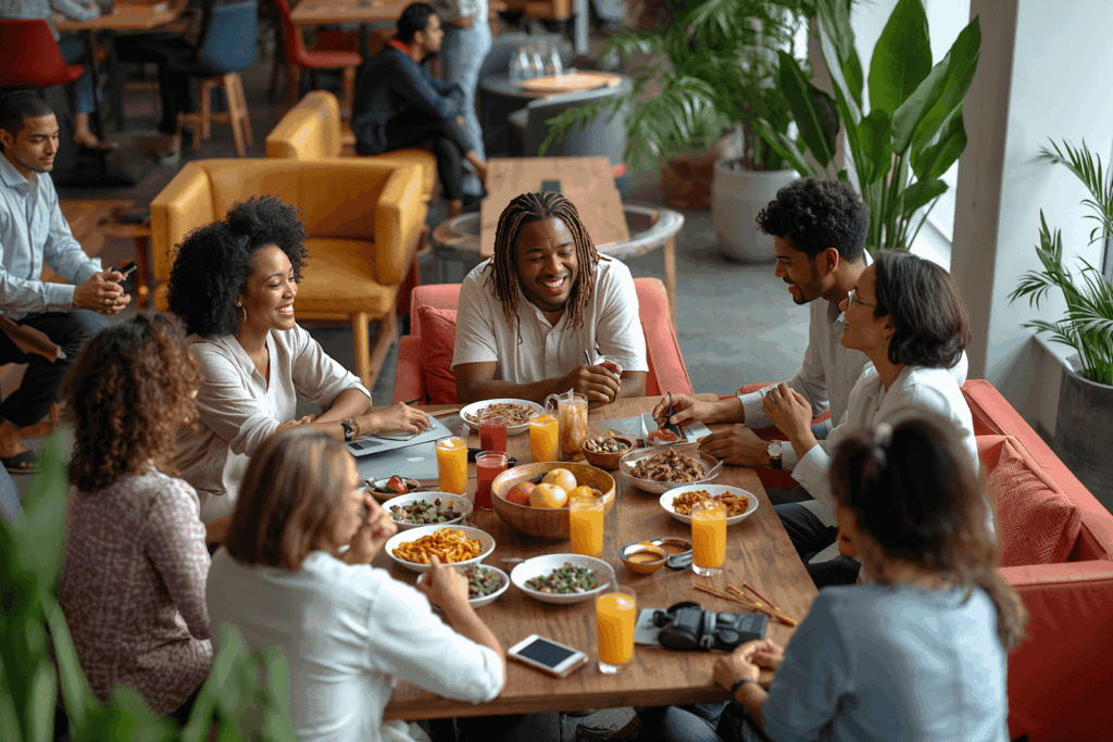 Group of friends sharing a meal and laughing together at a restaurant table.
