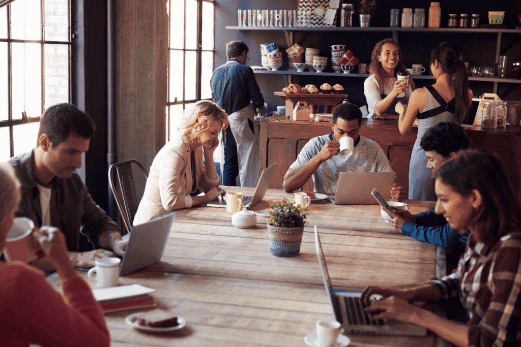 People working on laptops and drinking coffee in a busy modern café.