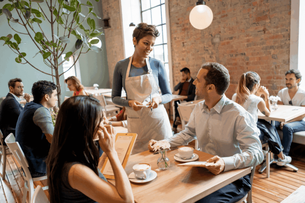 Waitress taking orders from a couple seated at a café table with other diners in the background.